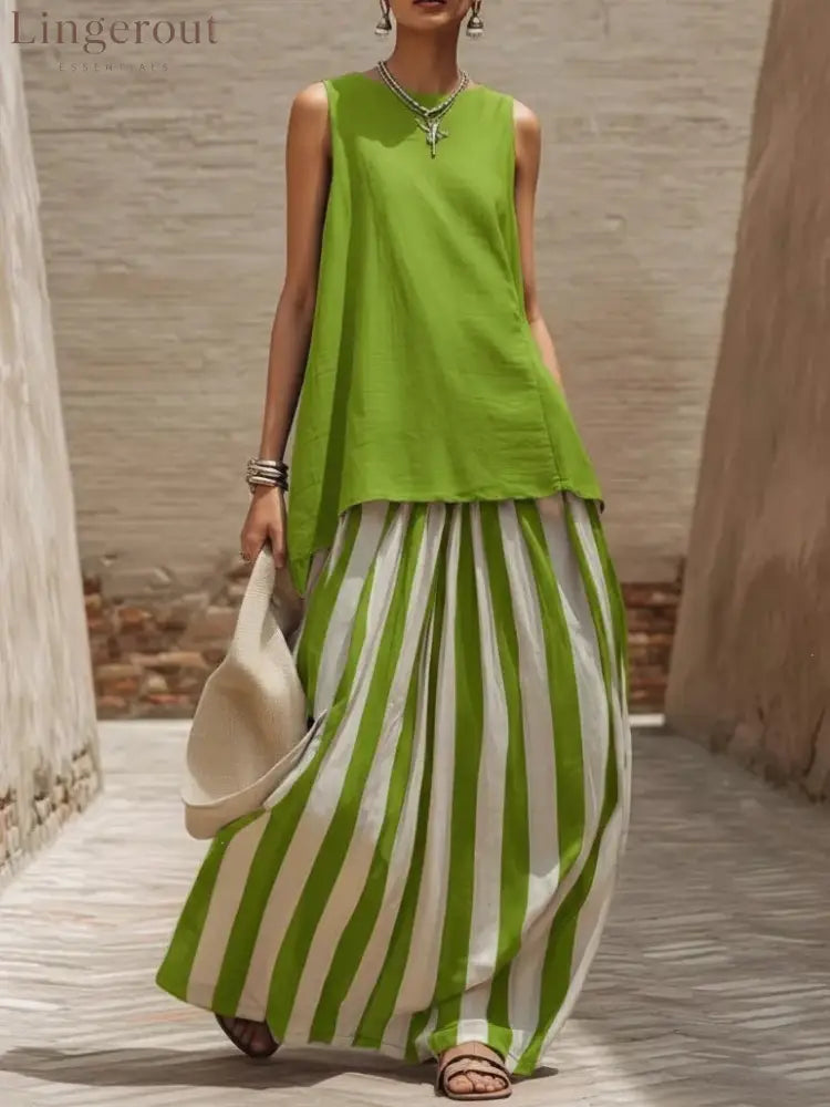 Solid Tank Top Striped Maxi Skirt Matching Set - Yellow-green / S