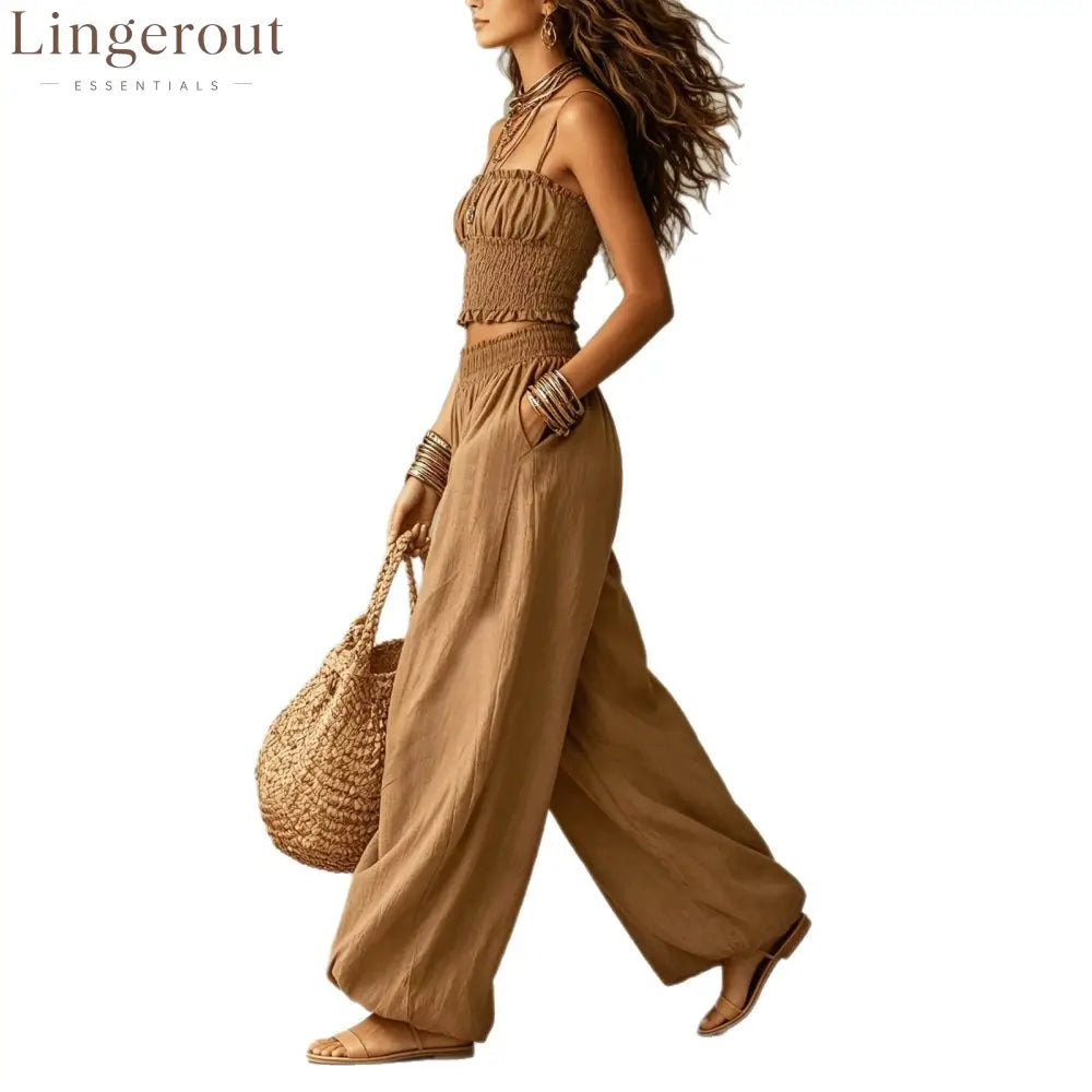 Spaghetti Strap Crop Top Baggy Harem Pants Boho Resort Wear Set