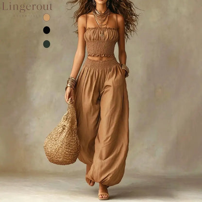 Spaghetti Strap Crop Top Baggy Harem Pants Boho Resort Wear Set