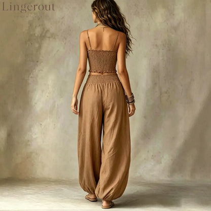 Spaghetti Strap Crop Top Baggy Harem Pants Boho Resort Wear Set