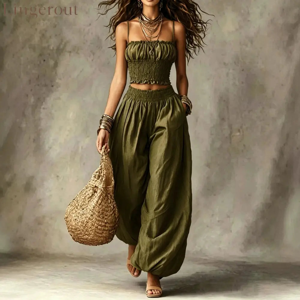Spaghetti Strap Crop Top Baggy Harem Pants Boho Resort Wear Set