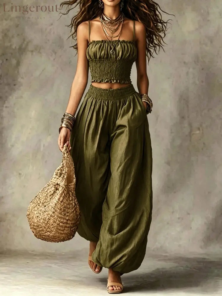 Spaghetti Strap Crop Top Baggy Harem Pants Boho Resort Wear Set - Army green / S
