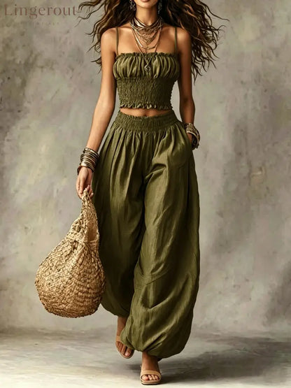 Spaghetti Strap Crop Top Baggy Harem Pants Boho Resort Wear Set - Army green / S