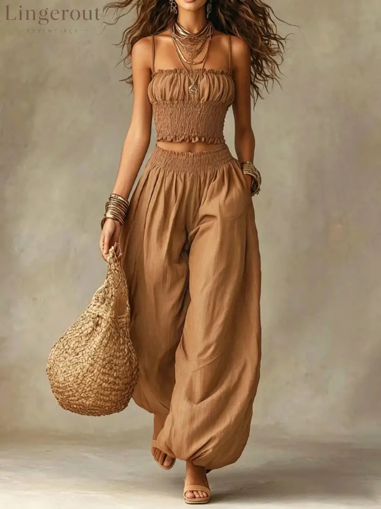Spaghetti Strap Crop Top Baggy Harem Pants Boho Resort Wear Set - Khaki / S
