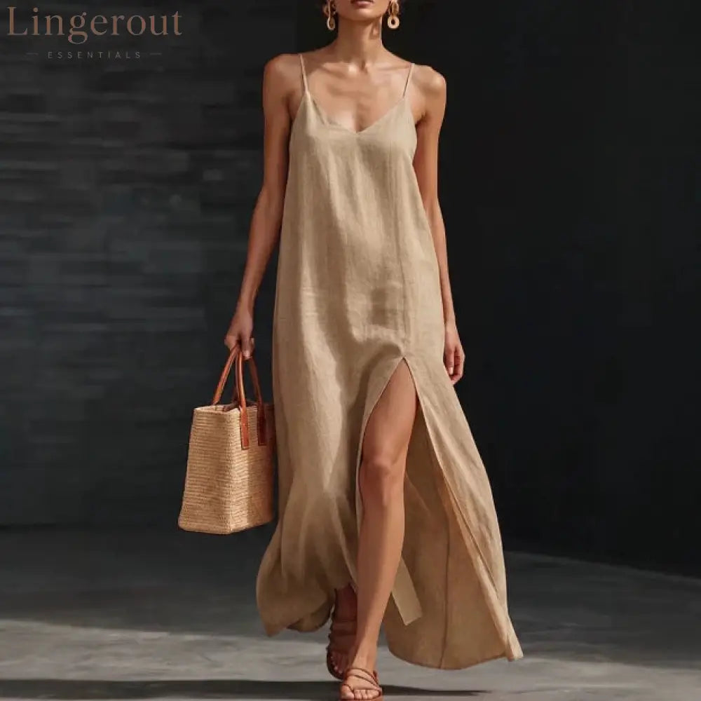 Spaghetti Strap V-Neck High Side Slit Loose Shift Vacation Dress