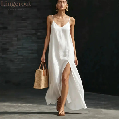 Spaghetti Strap V-Neck High Side Slit Loose Shift Vacation Dress