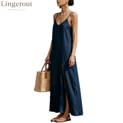 Spaghetti Strap V-Neck High Side Slit Loose Shift Vacation Dress