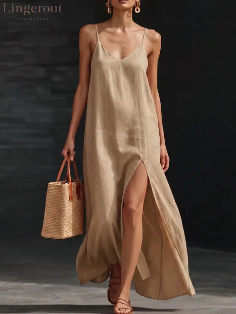 Spaghetti Strap V-Neck High Side Slit Loose Shift Vacation Dress - Apricot / S