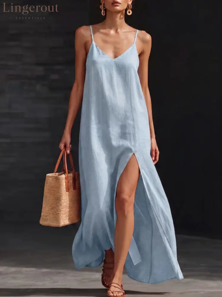 Spaghetti Strap V-Neck High Side Slit Loose Shift Vacation Dress - Light blue / S