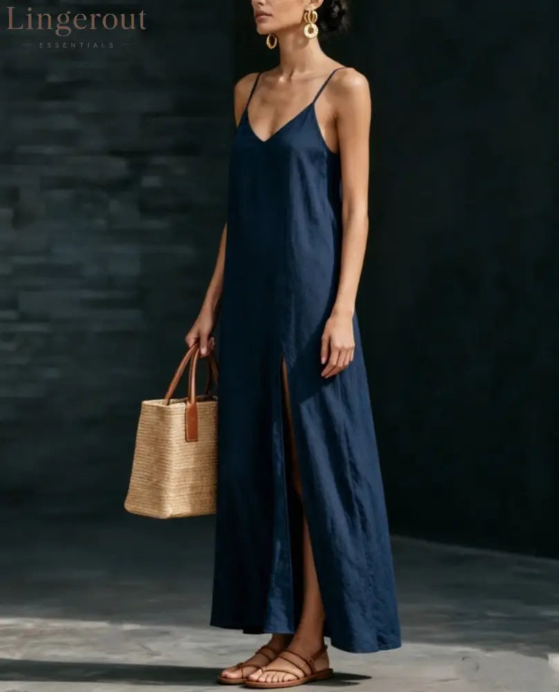 Spaghetti Strap V-Neck High Side Slit Loose Shift Vacation Dress - Navy blue / S