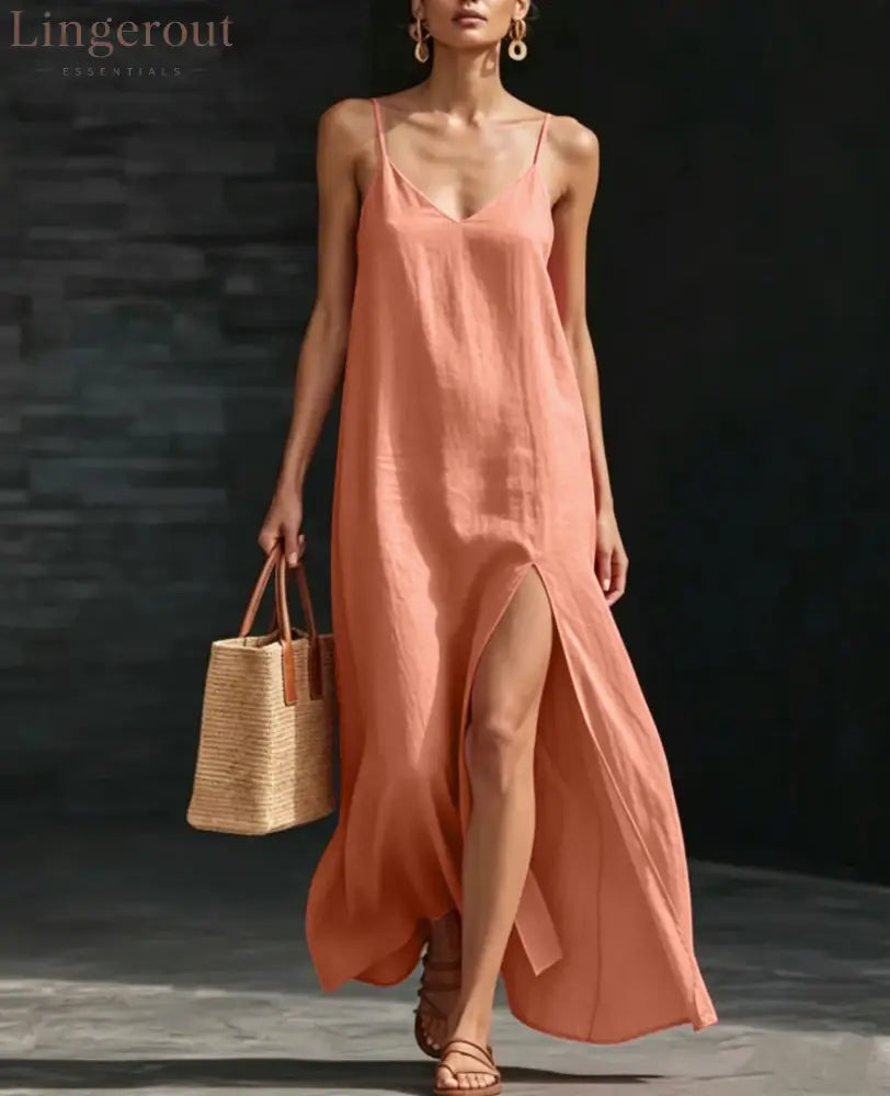Spaghetti Strap V-Neck High Side Slit Loose Shift Vacation Dress - Pink / S