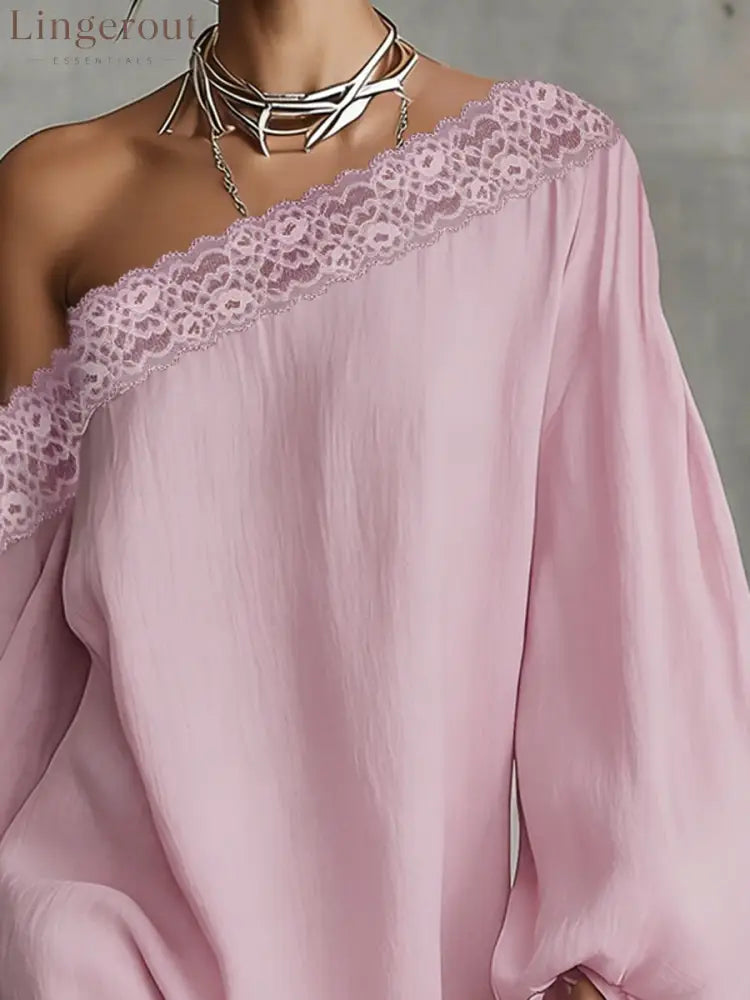 Split-Joint Solid Color Puff Sleeves Loose One-shoulder Mini Dresses