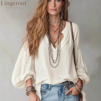 Split V-Neck Puff Long Sleeve Loose Textured Blouse