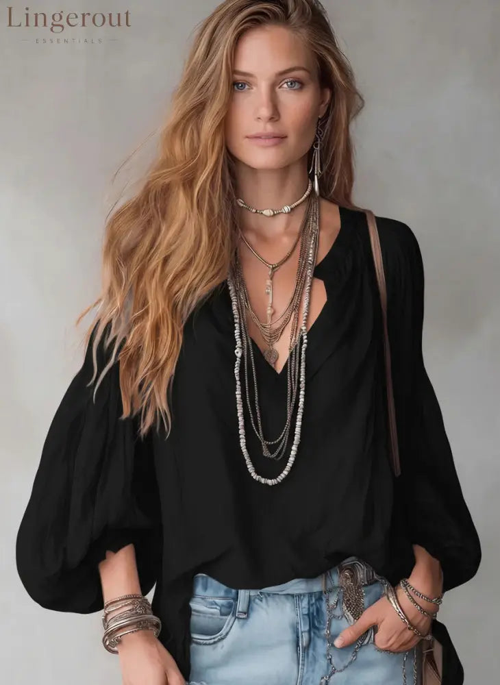 Split V-Neck Puff Long Sleeve Loose Textured Blouse - Black / S