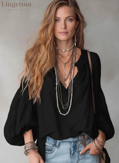 Split V-Neck Puff Long Sleeve Loose Textured Blouse - Black / S