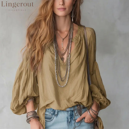 Split V-Neck Puff Long Sleeve Loose Textured Blouse - Khaki / S
