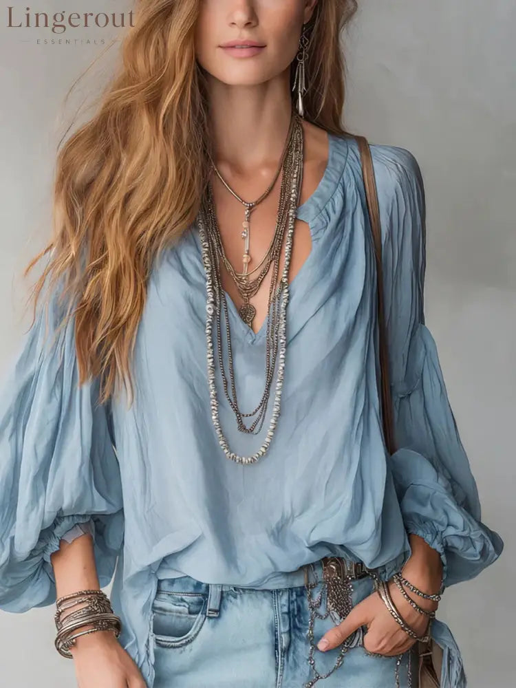 Split V-Neck Puff Long Sleeve Loose Textured Blouse - Light blue / S