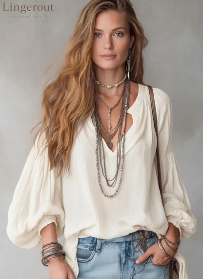 Split V-Neck Puff Long Sleeve Loose Textured Blouse - Off white / S