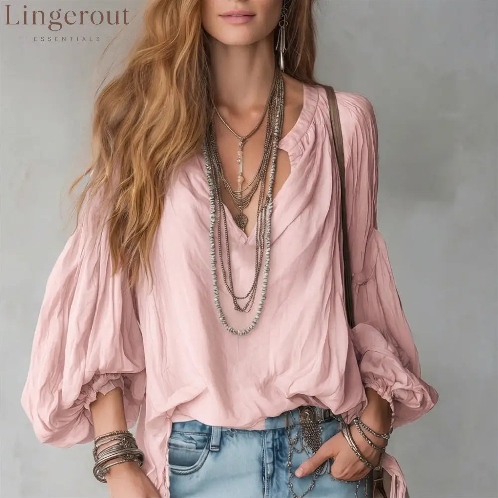 Split V-Neck Puff Long Sleeve Loose Textured Blouse - Pink / S