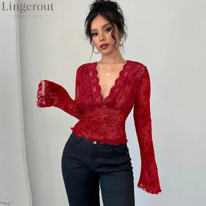 Spring 2026 new women’s V-neck lace mesh horn sleeve T-shirt top women