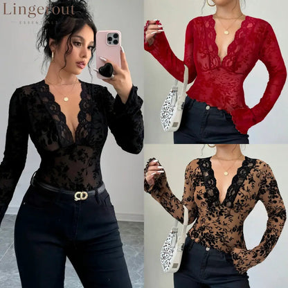 Spring 2026 new women’s V-neck lace mesh horn sleeve T-shirt top women