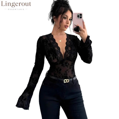 Spring 2026 new women’s V-neck lace mesh horn sleeve T-shirt top women