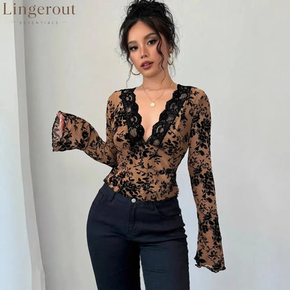 Spring 2026 new women’s V-neck lace mesh horn sleeve T-shirt top women - khaki / S