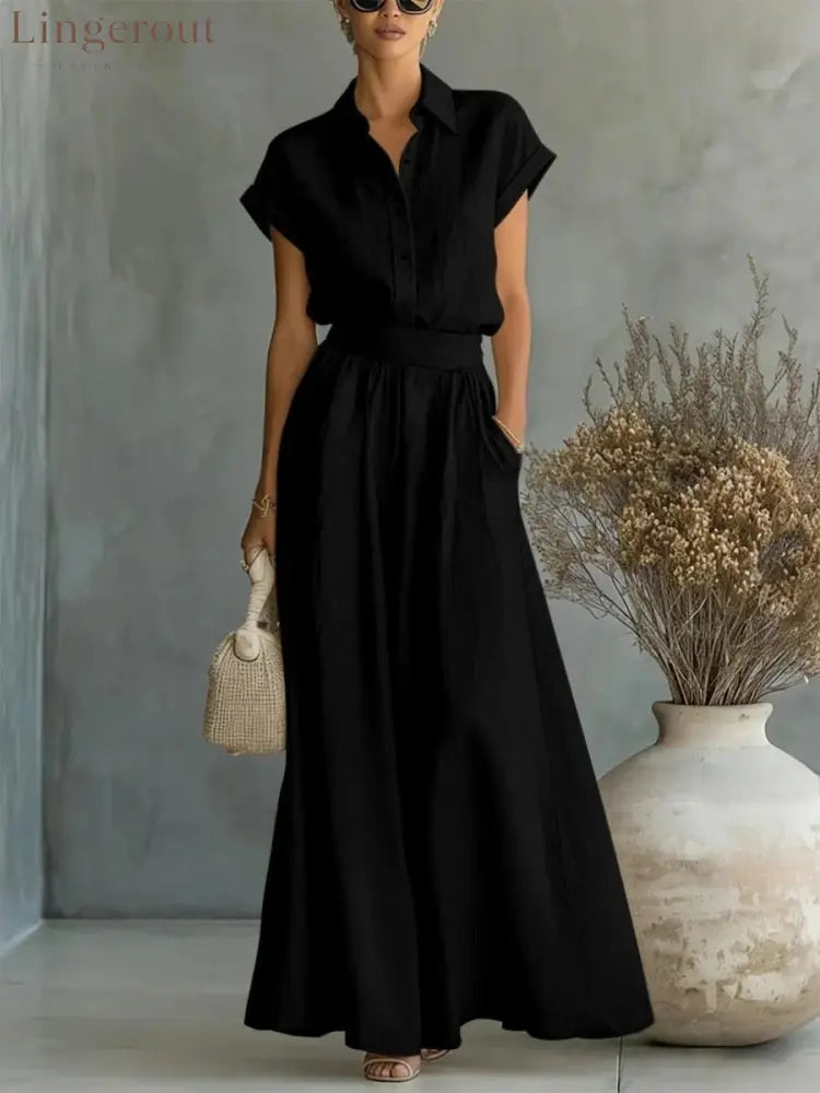 Spring And Summer Fashion Casual Solid Color Shirt Wide-Leg Pants Two-Piece Set - Black / XS