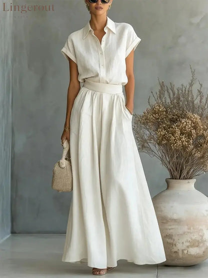 Spring And Summer Fashion Casual Solid Color Shirt Wide-Leg Pants Two-Piece Set - Milky / XS