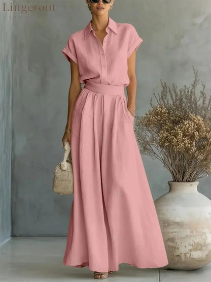 Spring And Summer Fashion Casual Solid Color Shirt Wide-Leg Pants Two-Piece Set - Pink / XS