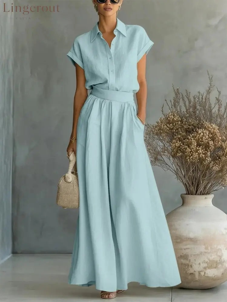 Spring And Summer Fashion Casual Solid Color Shirt Wide-Leg Pants Two-Piece Set - Sky blue / XS