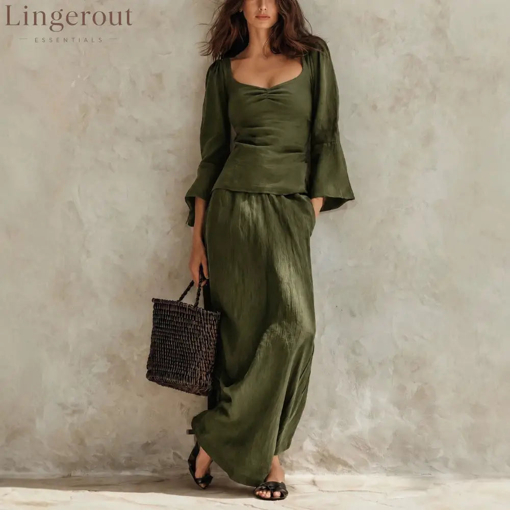 Square Neck Flare Sleeve Top & Maxi Skirt Matching Set