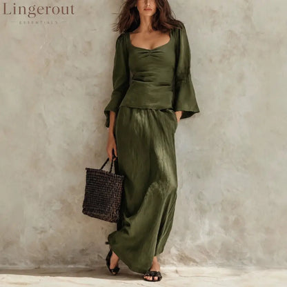 Square Neck Flare Sleeve Top & Maxi Skirt Matching Set