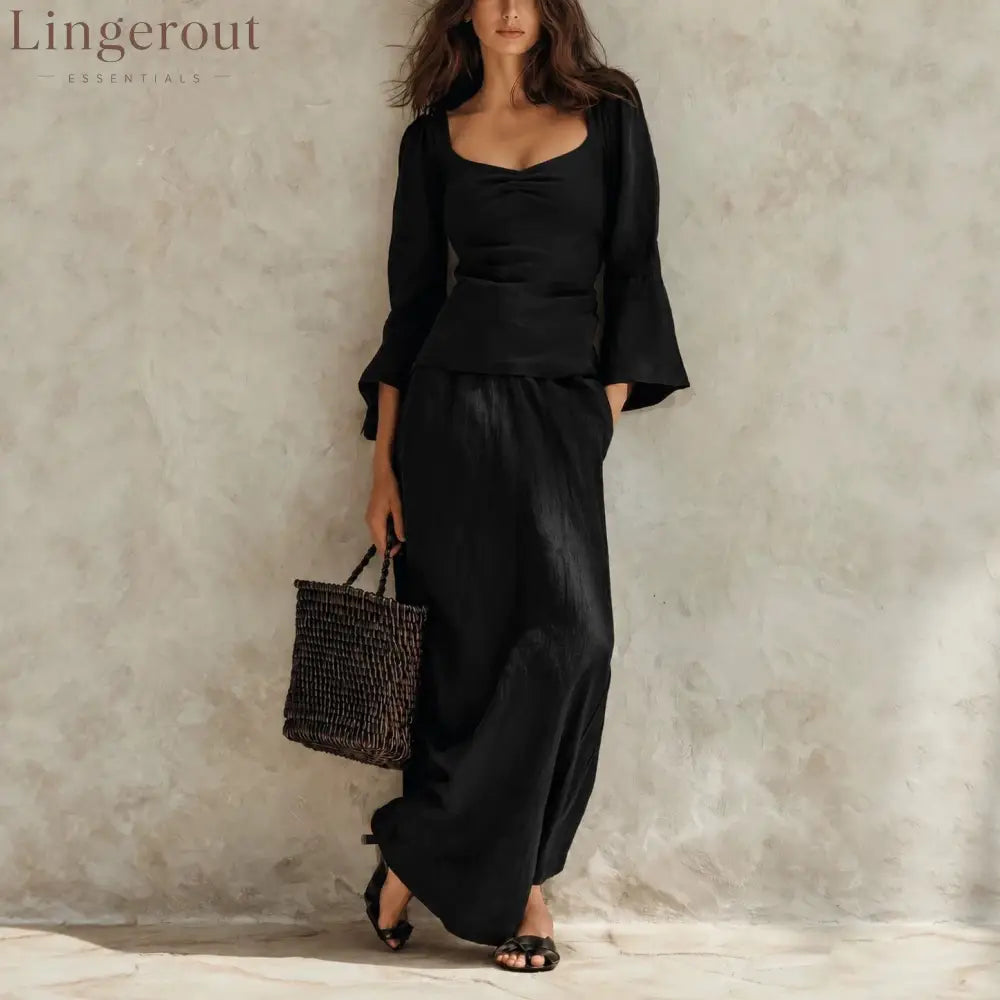 Square Neck Flare Sleeve Top & Maxi Skirt Matching Set