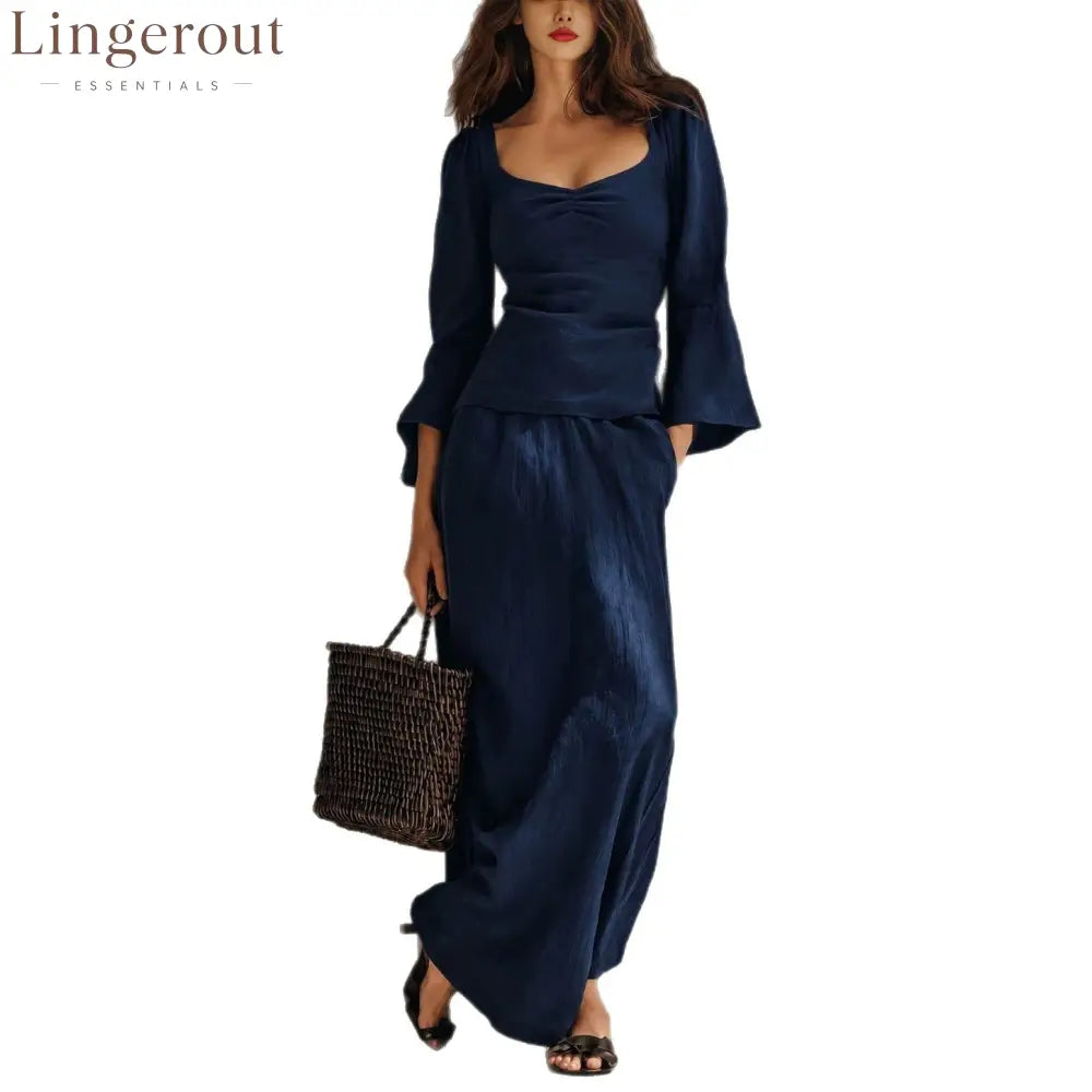 Square Neck Flare Sleeve Top & Maxi Skirt Matching Set