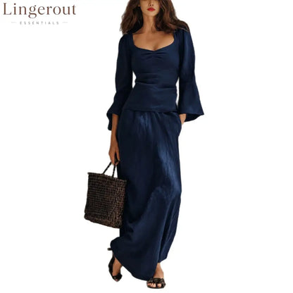 Square Neck Flare Sleeve Top & Maxi Skirt Matching Set