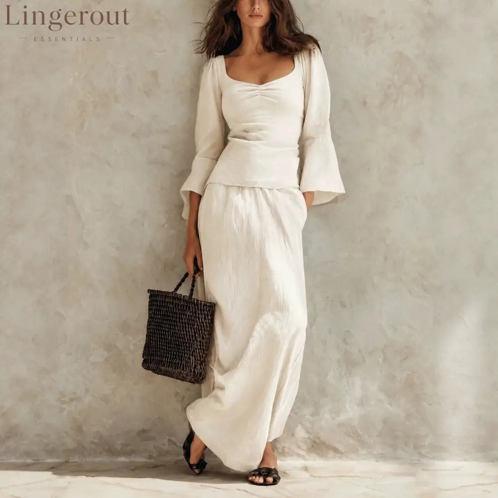 Square Neck Flare Sleeve Top & Maxi Skirt Matching Set