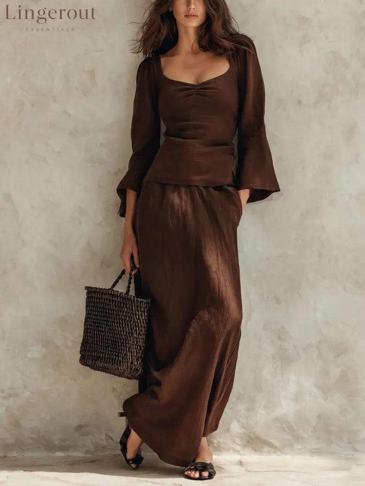 Square Neck Flare Sleeve Top & Maxi Skirt Matching Set - Brown / S