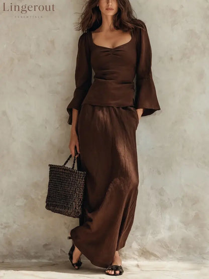 Square Neck Flare Sleeve Top & Maxi Skirt Matching Set - Brown / S