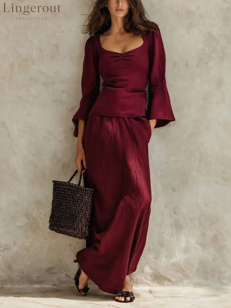 Square Neck Flare Sleeve Top & Maxi Skirt Matching Set - Claret / S