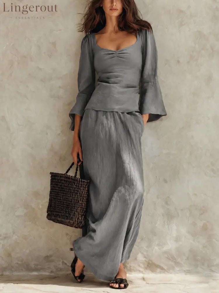 Square Neck Flare Sleeve Top & Maxi Skirt Matching Set - Grey / S