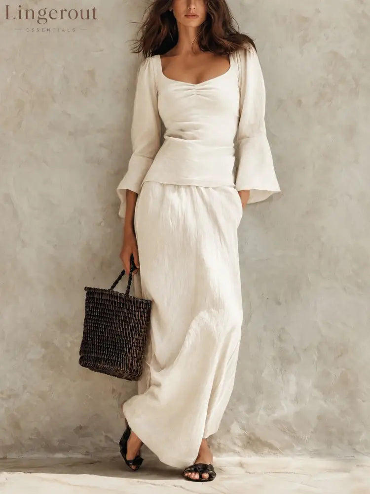 Square Neck Flare Sleeve Top & Maxi Skirt Matching Set - Milky / S