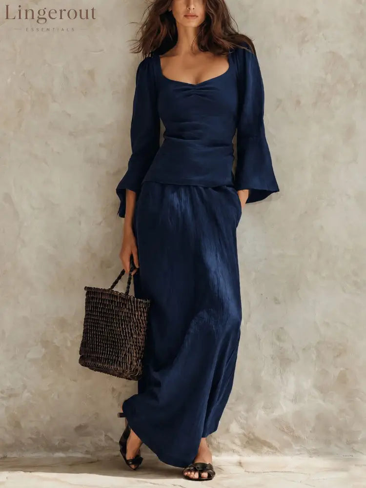 Square Neck Flare Sleeve Top & Maxi Skirt Matching Set - Navy blue / S