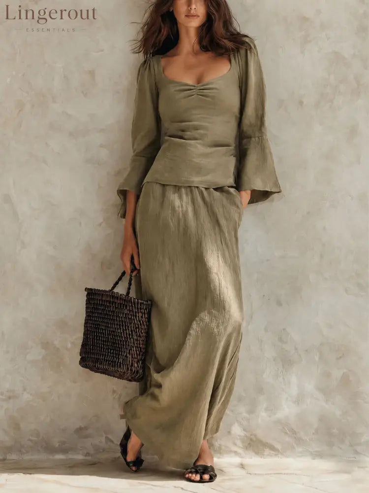 Square Neck Flare Sleeve Top & Maxi Skirt Matching Set - Olive color / S