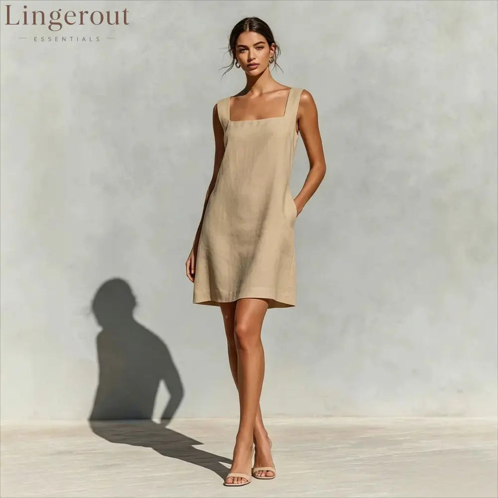Square Neck Linen Shift Mini Dress - Khaki / XS