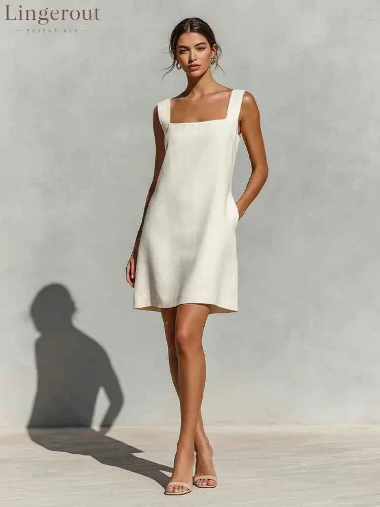 Square Neck Linen Shift Mini Dress - White / XS