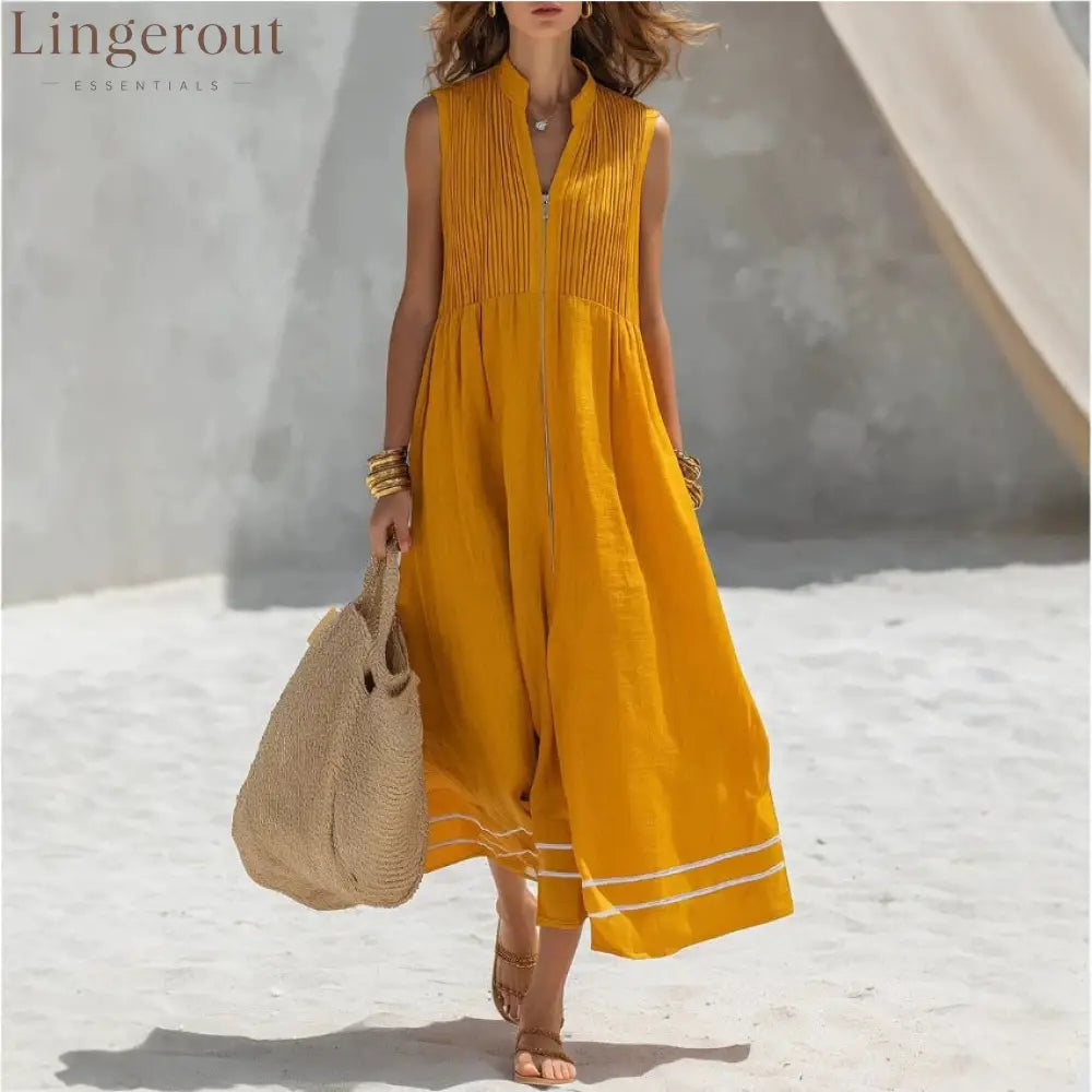 Stand Collar Pleated Zip Front Sleeveless Linen Midi Dress