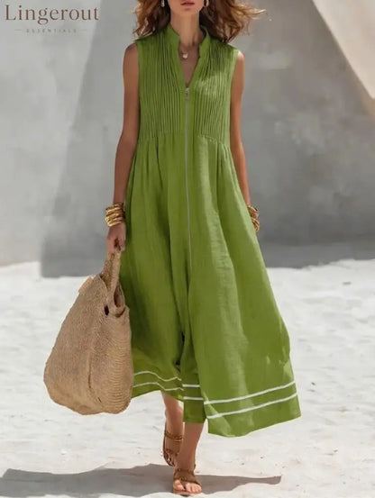 Stand Collar Pleated Zip Front Sleeveless Linen Midi Dress - Green / S