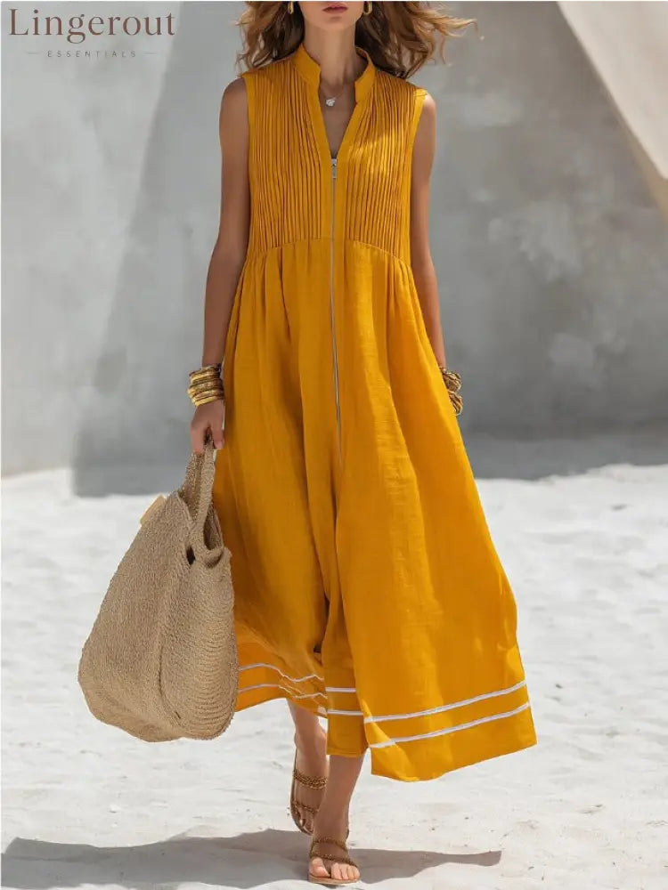 Stand Collar Pleated Zip Front Sleeveless Linen Midi Dress - Orange / S