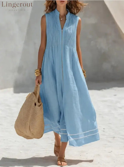 Stand Collar Pleated Zip Front Sleeveless Linen Midi Dress - Sky blue / S